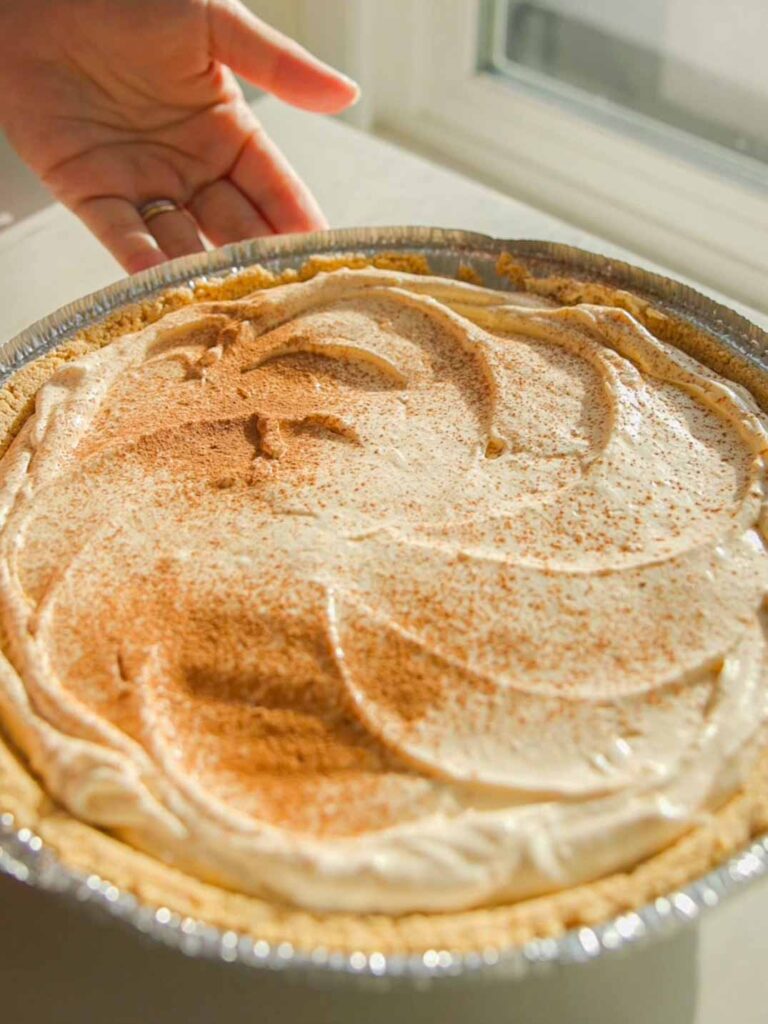 A hand holding a pie with a golden crust and creamy filling sprinkled with cinnamon, presented in a foil pie tin, set against a softly lit window background.